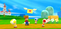Mario e i tre Toad osservano la lettera di Peach