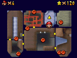Le Monete rosse sulla mappa del touch screen in Super Mario 64 DS.