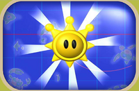Un Sole Custode nella schermata di benvenuto all'Isola Delfina, e una tabella con i dati di tutti i Soli Custodi e le monete raccolte in ciascun livello.