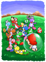 Baby Mario con un tanti Yoshi colorati