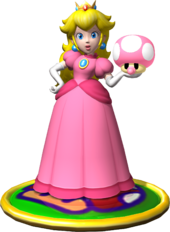 Confronto tra il design orginale della Principessa Peach (Super Mario Bros.) e quello moderno (Mario Party 4)